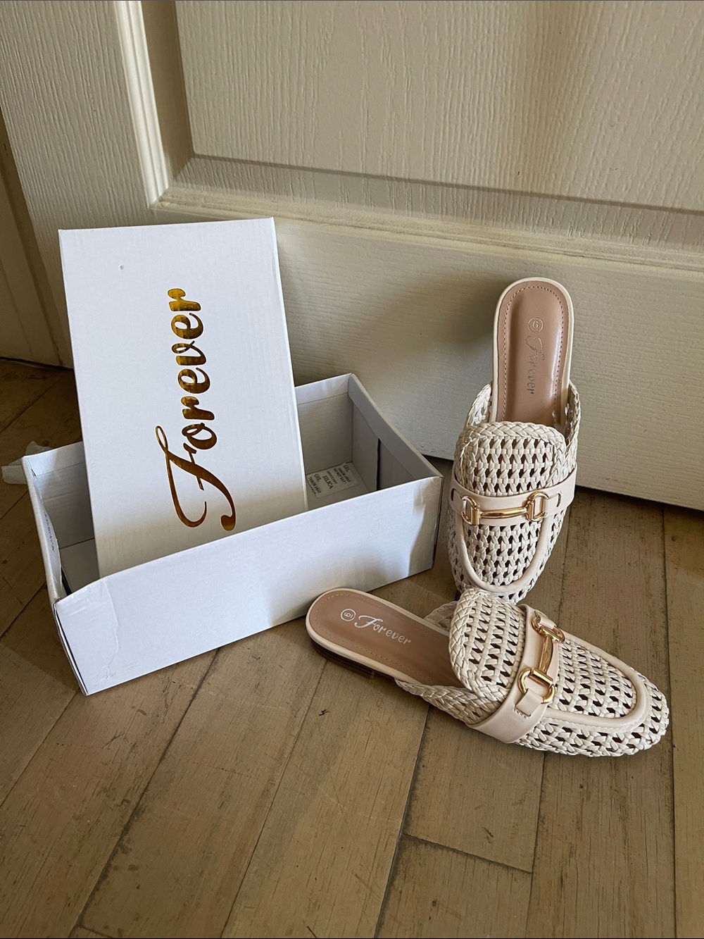 Forever Cream Woven Mule Flats with Gold Buckle